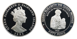 Falkland Islands, 1995 Fifty Pence Silver Proof 'Commemorating The Queen Mother' issued in Capsule With Certificate FDC