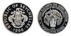 Seychelles, 25 Rupees 1996 Silver Proof Rev: Queen Elizabeth the Queen Mother In Capsule, FDC