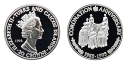 Turks & Caicos Islands, 20 Crowns 1993 'CORONATION ANNIVERSARY 1953-1993 (0.999) Silver Proof in Capsule FDC