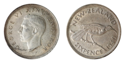 New Zealand, 1940 Silver Sixpence, GVF