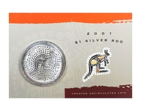 Australia, 2001 One Dollar (99.9%) Fine Silver Troy ounce, 'Kangaroo' with Frosted Uuncirculated in Card of Issue