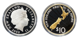 New Zealand, 10 Dollars Year 2000 Silver Proof Coin with Gold Plated Map of Australia, in Capsule FDC
