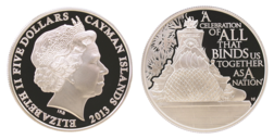 Cayman Islands, 2013 Five Dollars Commemorating the Diamond Jubilee of Queen Elizabeth II. Silver Proof in Capsule