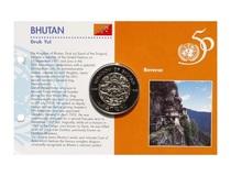 Bhutan, 50 Ngultrum 1995 '50 Years - United Nations' Copper-Nickel seald in Commeorative Card, UNC