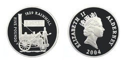 Alderney, 2004 Silver Proof £5 Coin '1829 RAINHILL' in Capsule FDC