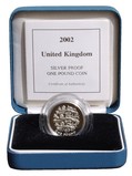 2002 UK, One Pound "Standard" Silver Proof FDC Boxed with Royal Mint Certificate of Authenticity.