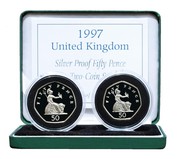 Pre-Owned 1997 Fifty Pence, 'Standard' Silver Proof Two-Coin Set, 'old' large-size & 'new' smaller coin introduced in 1997 aFDC