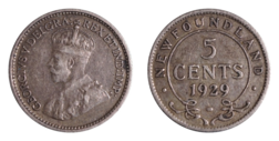 Canadian 1929 Silver 5 cents "Newfoundland" George V" 1912 - 1929 coin KN#13, GF/VF