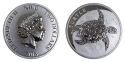 New Zealand, 2018 One Ounce Silver 2$ Two Dollar Niue Hawksbill Turtle Coin, UNC in Capsule LOST