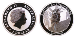 Australia, 2014 One Dollar Kookaburra resting on a branch, 1oz troy 0.999 Silver in Capsule UNC