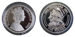 Gibraltar, 2005 Five Pounds, Bicentenary '1805 TRAFALGAR 2005' "HMS Victory" Silver Proof, FDC