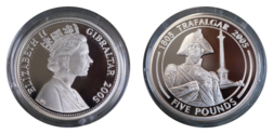 Gibraltar, 2005 Five Pounds, Bicentenary '1805 TRAFALGAR 2005' "Nelson's Column" Silver Proof, FDC
