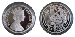 Gibraltar, 2005 Five Pounds, Bicentenary '1805 TRAFALGAR 2005' "The Death of Nelson" Silver Proof, FDC