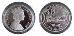 Gibraltar, 2005 Five Pounds, Bicentenary '1805 TRAFALGAR 2005' "Vice-Admiral Horatio Lord Nelson" Silver Proof, FDC