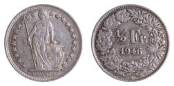 Switzerland, 1946B Silver 1/2 Franc, VF