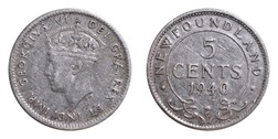 NewFoundland - Canada, 1940 Silver 5 Cents, GF