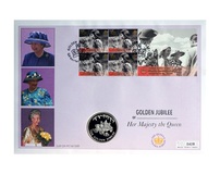2002 Falkland Islands, Her Majesty Queen Elizabeth II Golden Jubilee 1952-2002 Silver Proof 50p Coin Sealed within a Large 1st Day Coin Cover 0428