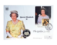 2002 Falkland Islands, Queen Elizabeth II Golden Jubilee 1952-2002 Silver Proof 50p Coin Sealed within a Large 1st Day Coin Cover 196