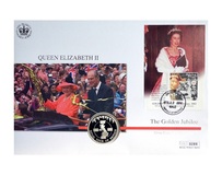 2002 Falkland Islands, Queen Elizabeth II Golden Jubilee 1952-2002 Silver Proof 50p Coin Sealed within a Large 1st Day Coin Cover 289