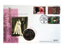 Turks & Caicos Islands, 1997 Golden Wedding Five Crowns, Cu-Ni Coin First Day Cover, Very Clean as Issued No 04303