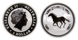 Australia, 2002 Dollar, Year of the horse 1oz .999 Silver, BU in Capsule.