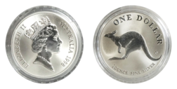 Australia, 1998 1oz 0.999 Fine Silver, Kangaroo bounding left, UNC Encapsulated