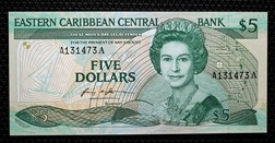 East Caribbean States, Five Dollars, (1986) KM 18a Antigua, Crisp Uncirculated