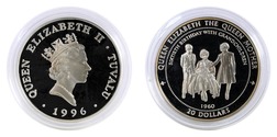 1996 Tuvalu $20  Queen Mother's 60 Birthday Silver Proof 0.999 Fine Silver 5oz Fine Silver, FDC in Capsule & Certificate