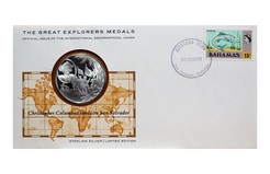 The Great Explorers Silver Medal Sterling Silver Proof Issue No 4. 'Christopher Columbus lands on San Salvador' FDC