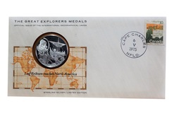 The Great Explorers Silver Medal Sterling Silver Proof Issue No 1. 'Leif Erikson reaches North America' FDC