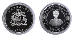 Barbados 1994 One-Dollar Silver Proof 'The Queen Mother' in Capsule and Royal Mint Certificate, FDC
