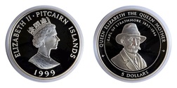 Pitcairn Islands, 1999 $5 Five Dollars, 'Earl of Strathmore 1855-1944 Silver Proof in Capsule, FDC