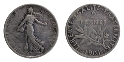 France, 1901 Silver 2 Francs, GF