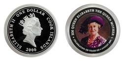 Cook Islands, 1 Dollar 2000 part of the Queen Mother Centenary Collection, Silver Proof encapsulated & 'Crown Collection notes & official Certificate no: 00970, FDC