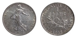 France, 1918 Silver 1 Franc, GVF
