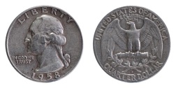 US, 1958 D Silver Quarter, GF
