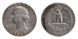 US, 1963 Silver Quarter, no mint mark, struck in Philadelphia, VF
