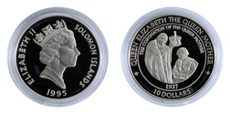 Solomon Islands, 10 Dollars 1995 'Coronation of the Queen Mother in 1937' Silver Proof in Capsule with Certificate, light toning around legends otherwise FDC