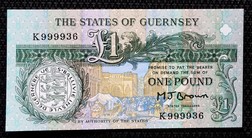 Guernsey One Pound ND (1980-89). Sig: W.C. Bull Prefix K999936 Crisp Uncirculated