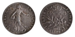 France, 1918 Silver 50 Centimes, GF