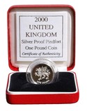 2000 UK, Silver PIEDFORT Proof FDC one pound. Rev: Dragon for wales, boxed & Certificate