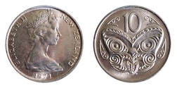 New Zealand, 1971 10 Cents copper-nickel, UNC