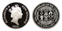 New Zealand, 5 Dollars 1993 Silver Proof rev: '40th Anniversary of Coronation' encapsulated & Certificate FDC