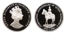 Falkland Islands, 1993 Fifty Pence silver Proof ReV: 'Coronation Anniversary Crown' in Capsule & Certificate FDC