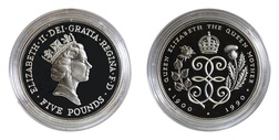 Pre-Owned 1990 Five Pounds, "Queen Mother's 90th Birthday" Standard Silver Proof, in capsule only, aFDC