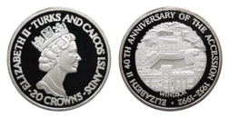 Turks & Caicos Islands, 20 Crowns 1992 Silver Proof, Rev: '40th Anniversary of  accession' in Capsule FDC