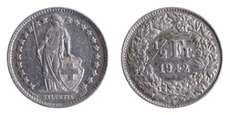 Switzerland, 1942B Silver 1/2 Franc, VF