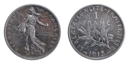 France, 1915 Silver 1 Franc, GF
