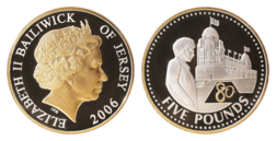 Jersey, Five Pounds, 2006  Silver Proof Rev: Elizabeth II'2 80th Birthday, FDC