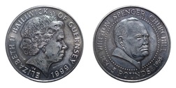 Guernsey 1999 Five Pounds Crown Coin, Commemorating Winston Churchill's Birth, GVF
